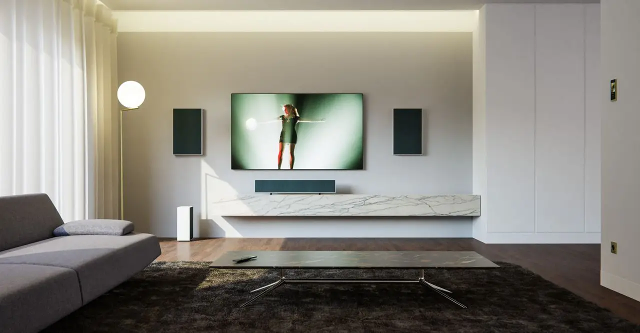 Multimedia im Wohnraum mit Fernseher und integrierten Lautsprechern