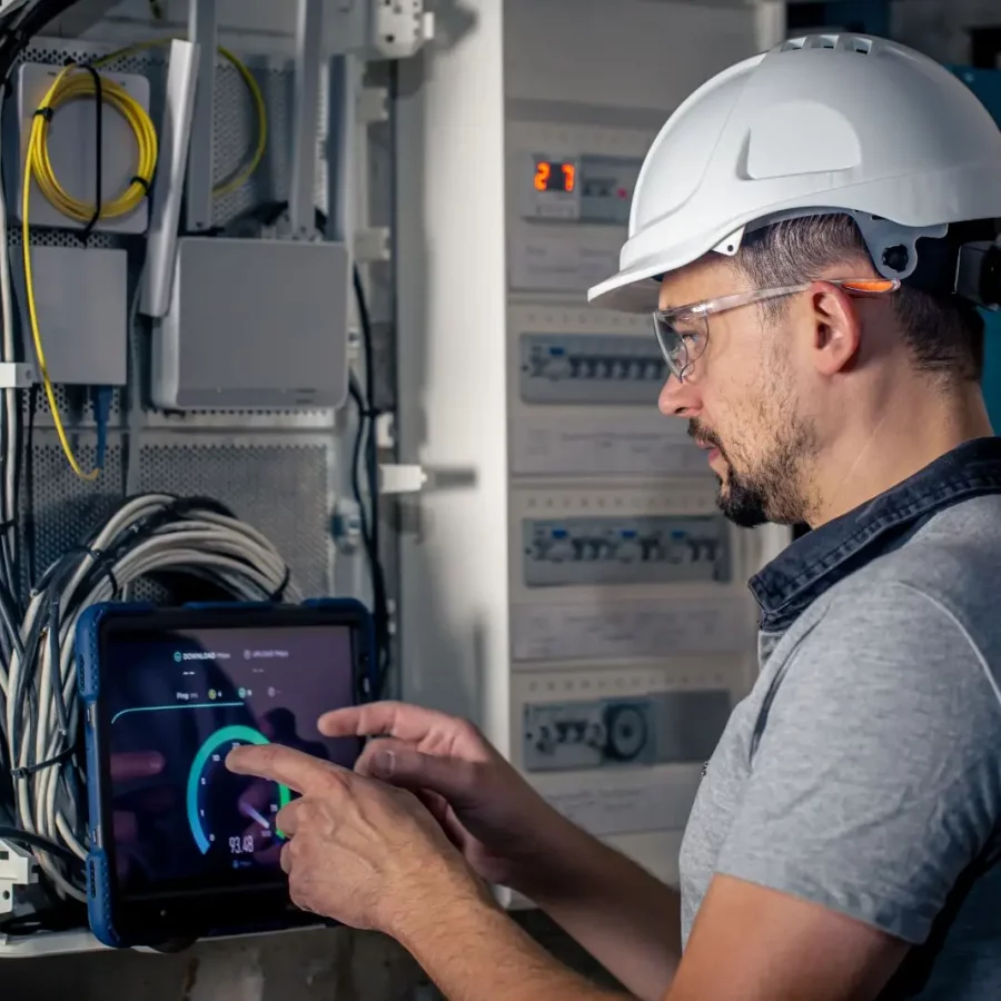 Techniker mit Tablet am Verteiler bei der KNX Programmierung